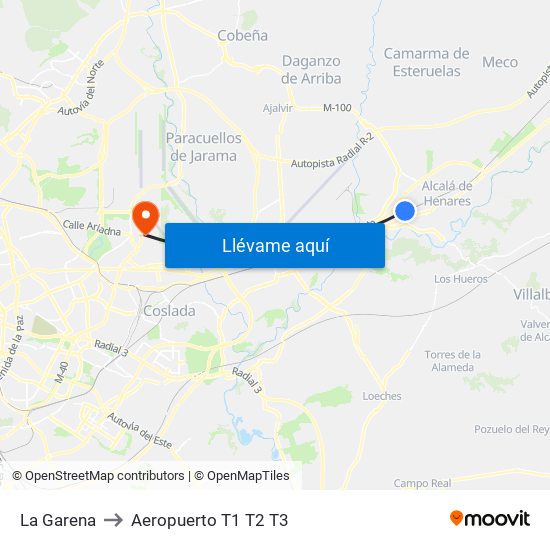 La Garena to Aeropuerto T1 T2 T3 map