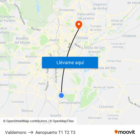 Valdemoro to Aeropuerto T1 T2 T3 map