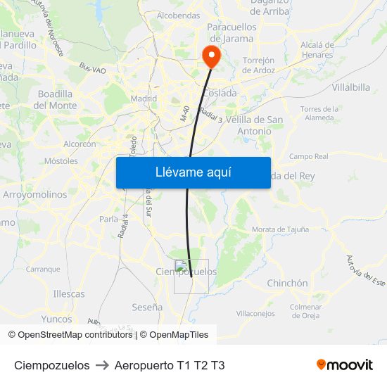 Ciempozuelos to Aeropuerto T1 T2 T3 map