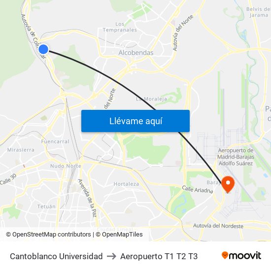 Cantoblanco Universidad to Aeropuerto T1 T2 T3 map