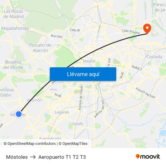 Móstoles to Aeropuerto T1 T2 T3 map