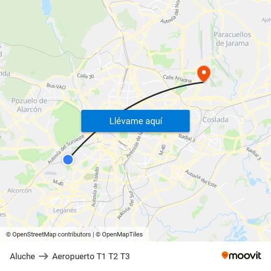 Aluche to Aeropuerto T1 T2 T3 map