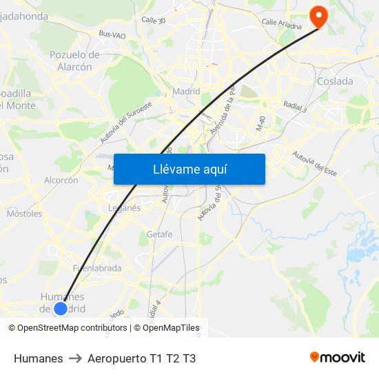 Humanes to Aeropuerto T1 T2 T3 map