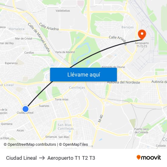 Ciudad Lineal to Aeropuerto T1 T2 T3 map