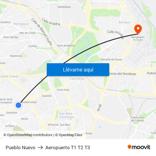 Pueblo Nuevo to Aeropuerto T1 T2 T3 map