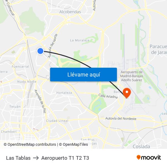 Las Tablas to Aeropuerto T1 T2 T3 map
