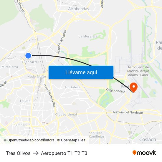 Tres Olivos to Aeropuerto T1 T2 T3 map