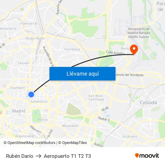 Rubén Darío to Aeropuerto T1 T2 T3 map