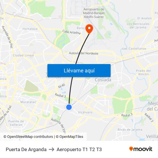 Puerta De Arganda to Aeropuerto T1 T2 T3 map