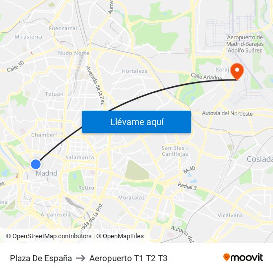 Plaza De España to Aeropuerto T1 T2 T3 map