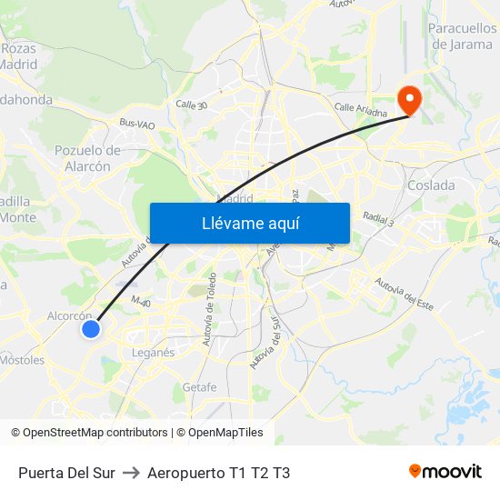 Puerta Del Sur to Aeropuerto T1 T2 T3 map