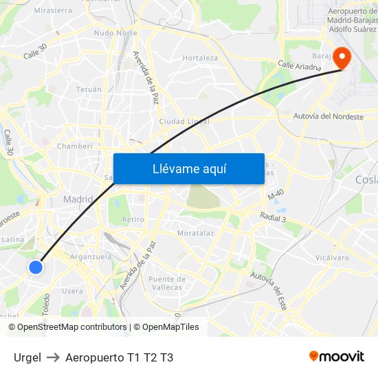 Urgel to Aeropuerto T1 T2 T3 map