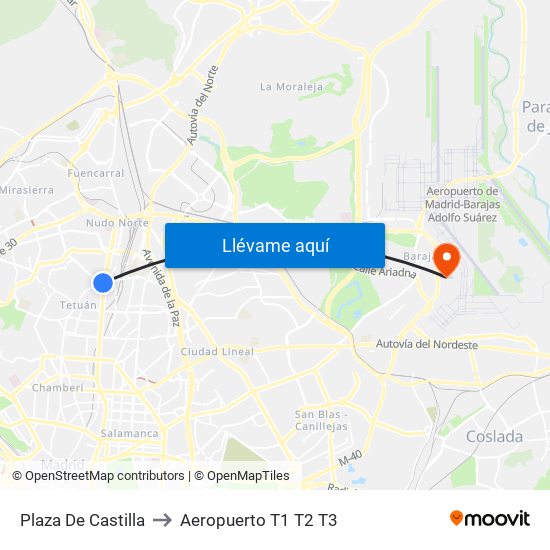 Plaza De Castilla to Aeropuerto T1 T2 T3 map