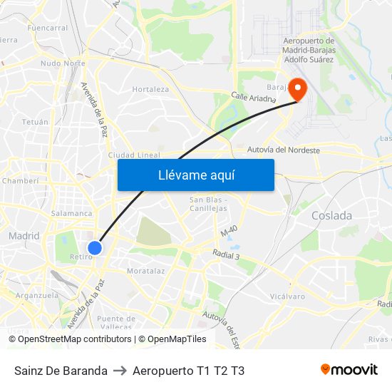 Sainz De Baranda to Aeropuerto T1 T2 T3 map