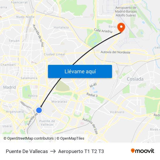 Puente De Vallecas to Aeropuerto T1 T2 T3 map