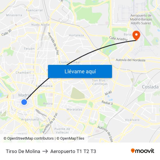 Tirso De Molina to Aeropuerto T1 T2 T3 map