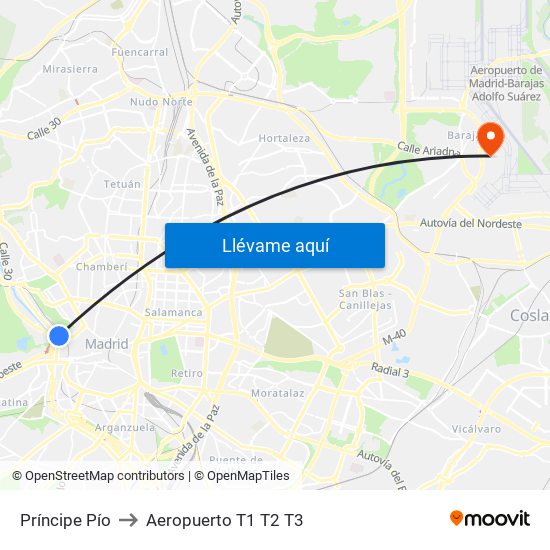 Príncipe Pío to Aeropuerto T1 T2 T3 map