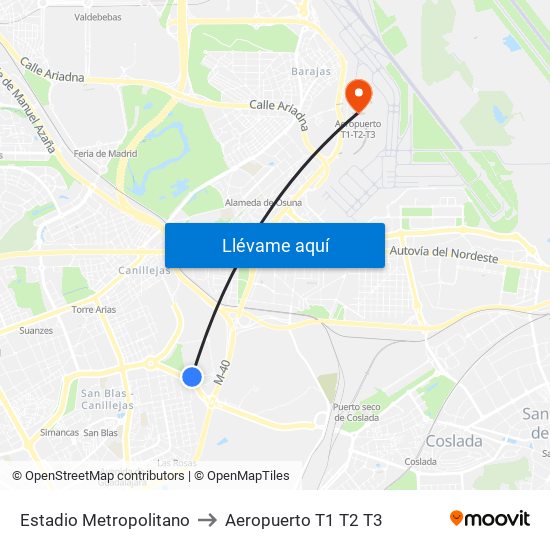 Estadio Metropolitano to Aeropuerto T1 T2 T3 map