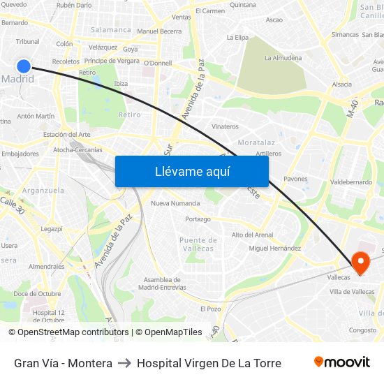 Gran Vía - Montera to Hospital Virgen De La Torre map