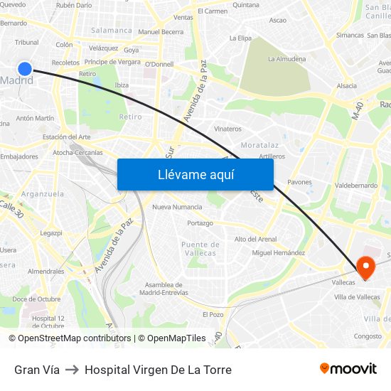 Gran Vía to Hospital Virgen De La Torre map