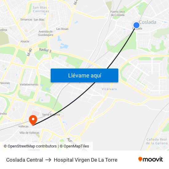 Coslada Central to Hospital Virgen De La Torre map