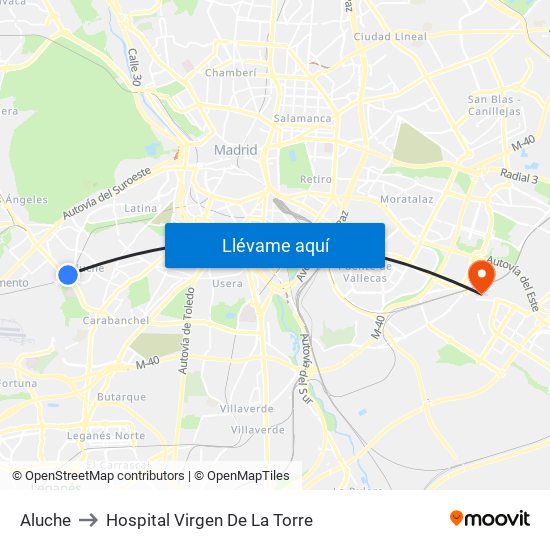 Aluche to Hospital Virgen De La Torre map