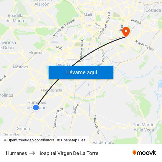 Humanes to Hospital Virgen De La Torre map