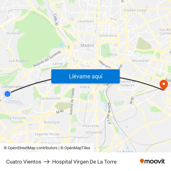 Cuatro Vientos to Hospital Virgen De La Torre map