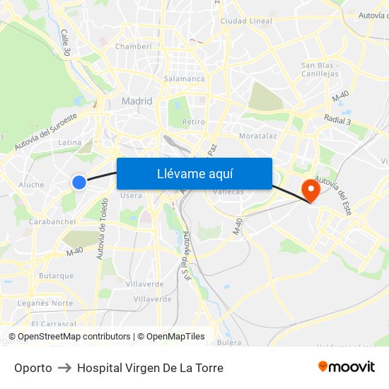 Oporto to Hospital Virgen De La Torre map