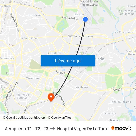 Aeropuerto T1 - T2 - T3 to Hospital Virgen De La Torre map