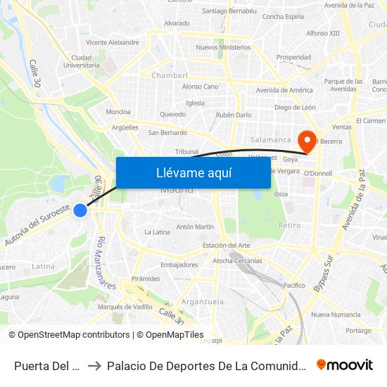 Puerta Del Ángel to Palacio De Deportes De La Comunidad De Madrid map