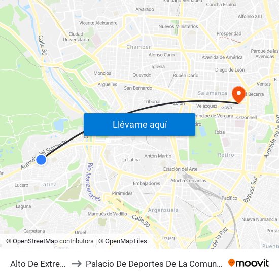 Alto De Extremadura to Palacio De Deportes De La Comunidad De Madrid map