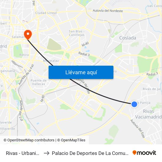 Rivas - Urbanizaciones to Palacio De Deportes De La Comunidad De Madrid map