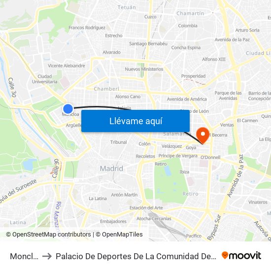 Moncloa to Palacio De Deportes De La Comunidad De Madrid map