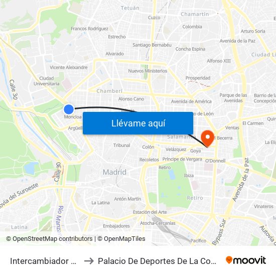Intercambiador De Moncloa to Palacio De Deportes De La Comunidad De Madrid map