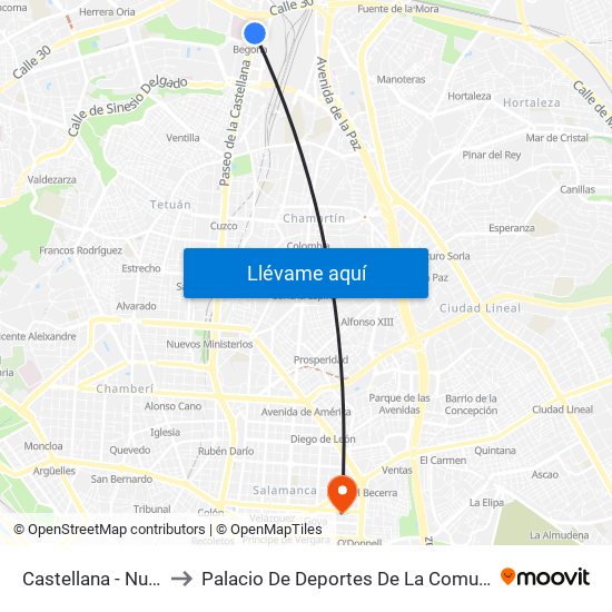 Castellana - Nudo Norte to Palacio De Deportes De La Comunidad De Madrid map