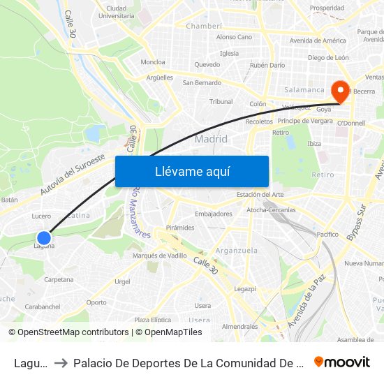 Laguna to Palacio De Deportes De La Comunidad De Madrid map