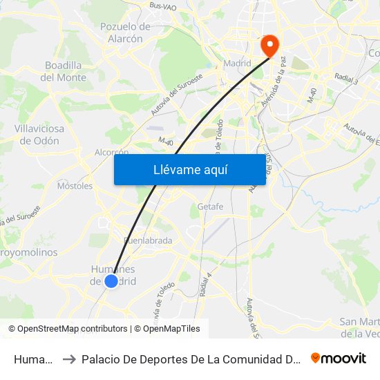 Humanes to Palacio De Deportes De La Comunidad De Madrid map