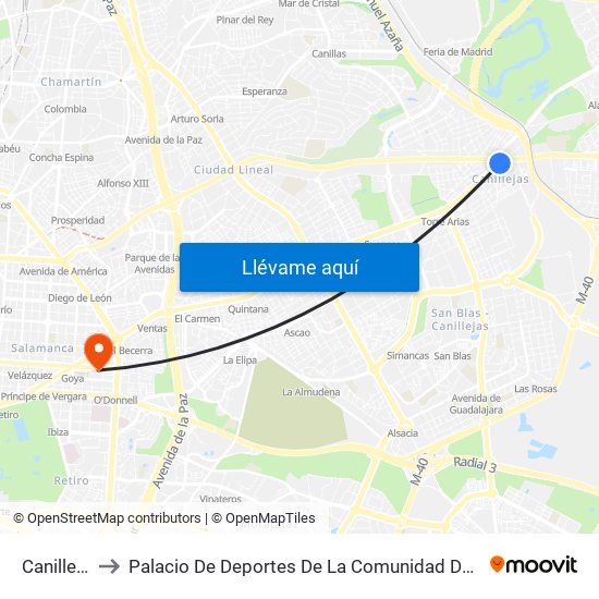 Canillejas to Palacio De Deportes De La Comunidad De Madrid map
