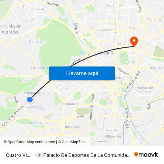 Cuatro Vientos to Palacio De Deportes De La Comunidad De Madrid map