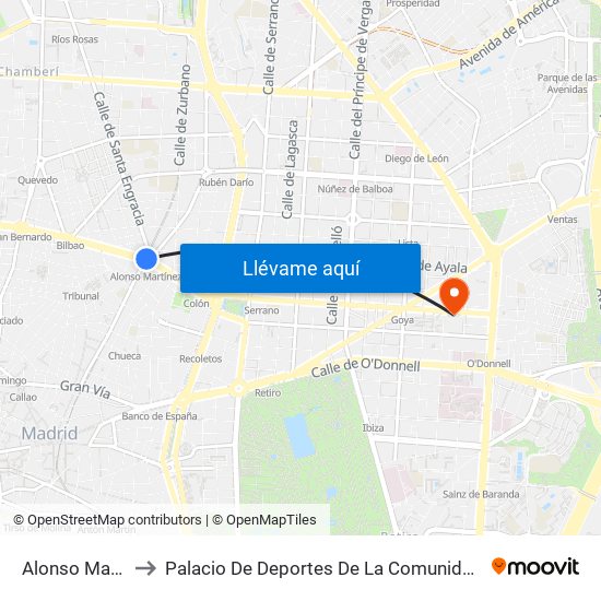 Alonso Martínez to Palacio De Deportes De La Comunidad De Madrid map