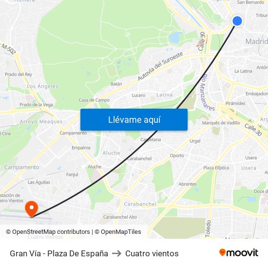 Gran Vía - Plaza De España to Cuatro vientos map