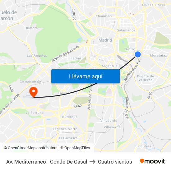 Av. Mediterráneo - Conde De Casal to Cuatro vientos map