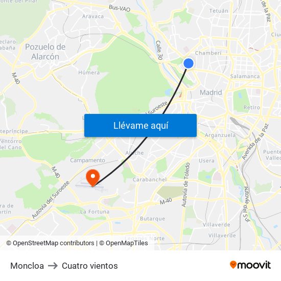 Moncloa to Cuatro vientos map