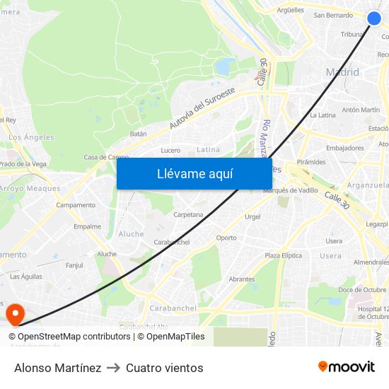 Alonso Martínez to Cuatro vientos map