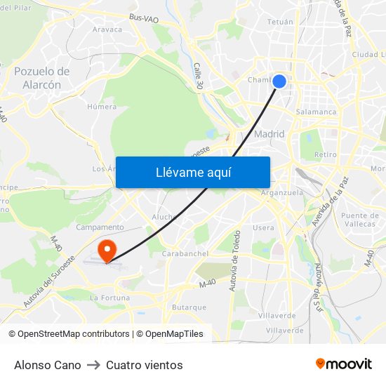 Alonso Cano to Cuatro vientos map