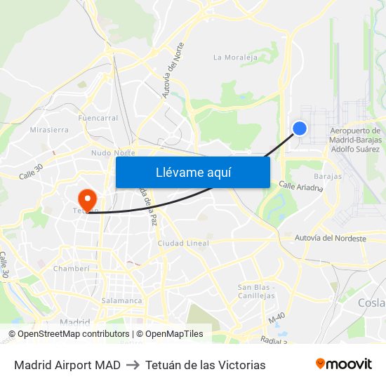 Madrid Airport MAD to Tetuán de las Victorias map