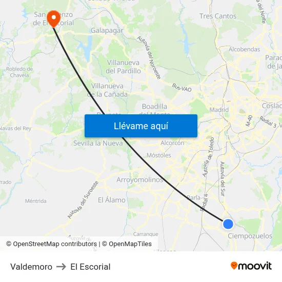 Valdemoro to El Escorial map