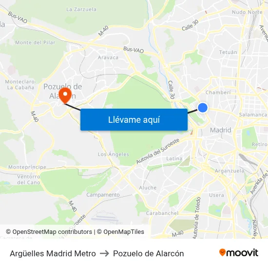 Argüelles Madrid Metro to Pozuelo de Alarcón map