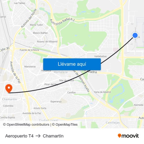 Aeropuerto T4 to Chamartín map